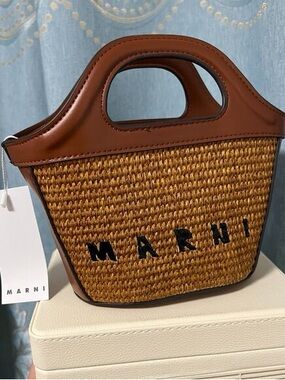 Marni Brown Straw Mini Tote with Black Logo